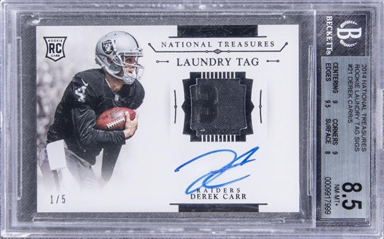 2014 National Treasures Rookie Laundry Tag Signatures Derek Carr Signed Patch Rookie Card (#1/5) – BGS NM-MT+ 8.5/BGS 10 